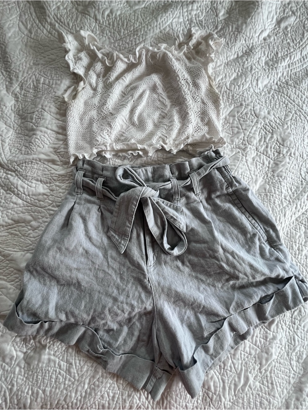Light Grey Blue Tie-Waist Paperbag Shorts - Women's Casual Summer